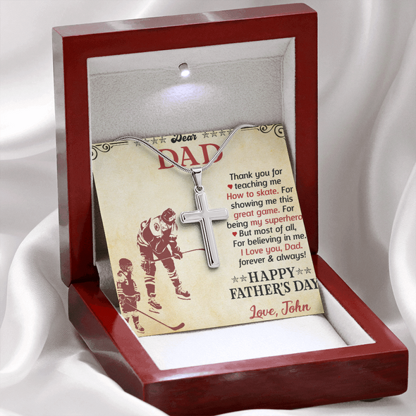 Dear Dad, Artisan Crafted Cross Necklace With Thank You For Showing Me This Great Game Message Card, Father's Day Gift For Him, Jewelry For Him, Customized Message Card