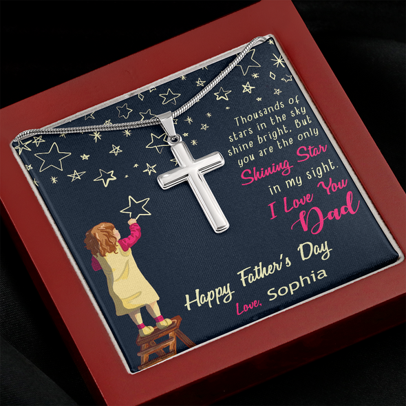 To My Dad, Artisan Crafted Cross Necklace With Thousand Of Stars In The Sky Shine Bright Message Card, Father's Day Gift For Him, Jewelry For Him, Gift For Dad